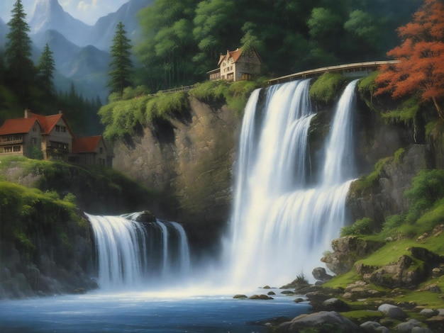 Una pintura de una casa con una cascada en el fondo ai generado