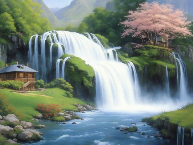 Una pintura de una casa con una cascada en el fondo ai generado