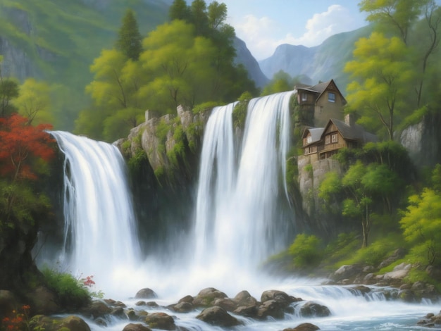 Una pintura de una casa con una cascada en el fondo ai generado