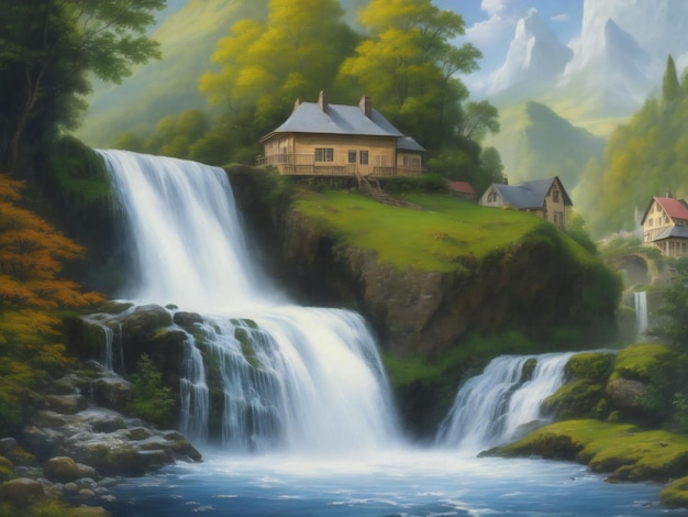 Una pintura de una casa con una cascada en el fondo generada por ai