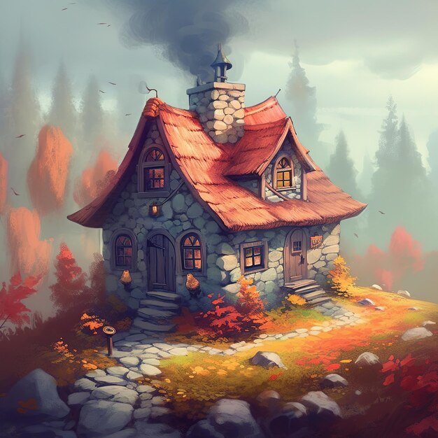 Una pintura de una casa con una chimenea y un bosque en el fondo.