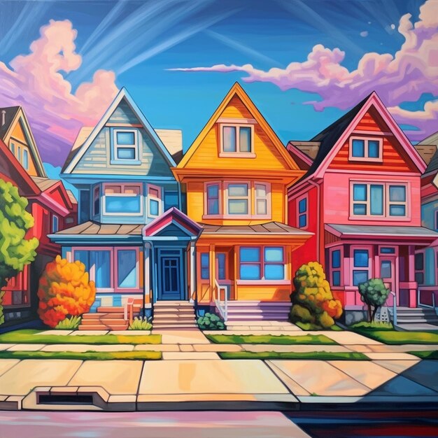 una pintura de una casa con un cielo azul y árboles en el fondo.