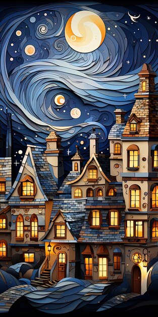 una pintura de una casa con un cielo azul y una casa con una luna en el fondo