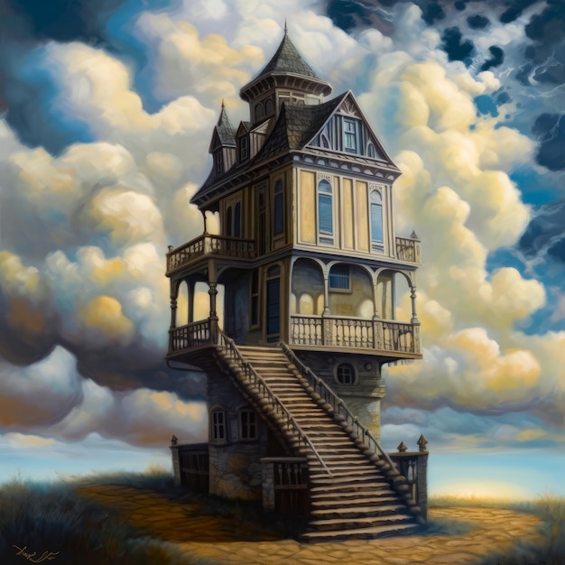 Una pintura de una casa con un cielo nublado al fondo.
