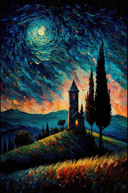 Una pintura de una casa en una colina con un cielo estrellado de fondo.