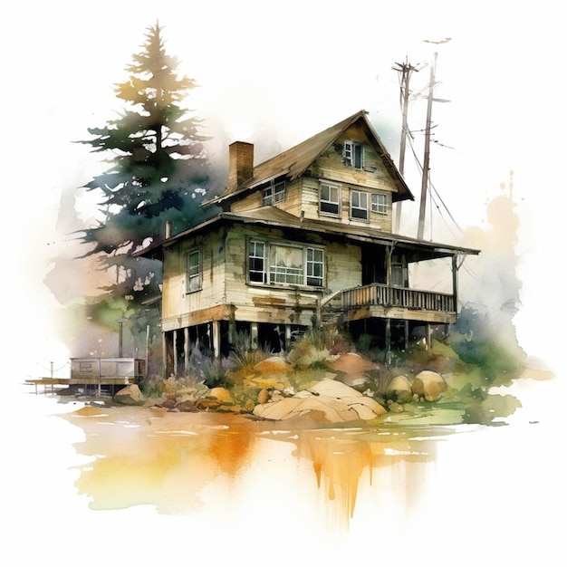 Pintura de una casa en una colina con un lago y arboles ai generativo