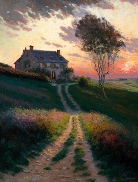 Una pintura de una casa en una colina con una puesta de sol de fondo.