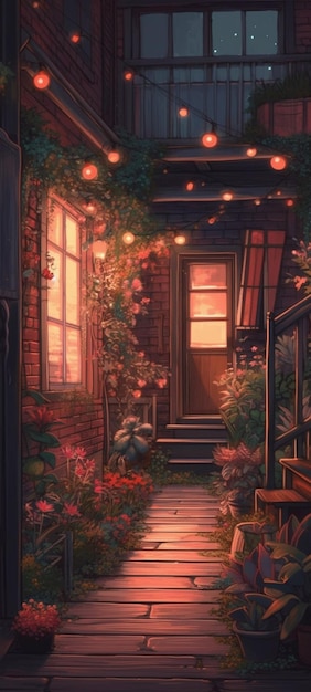 Una pintura de una casa con una escalera y plantas.