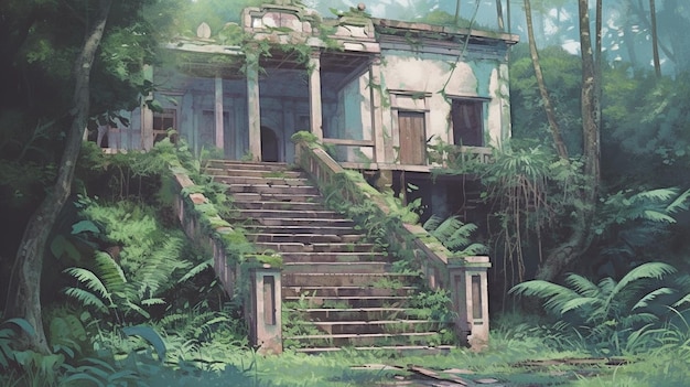 Una pintura de una casa con una escena selvática de fondo.