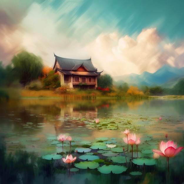 Una pintura de una casa con un estanque y una casa con nenúfares en primer plano.