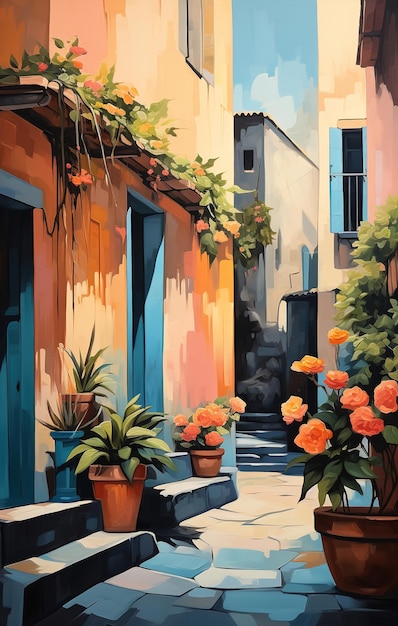 una pintura de una casa con flores en el balcón.