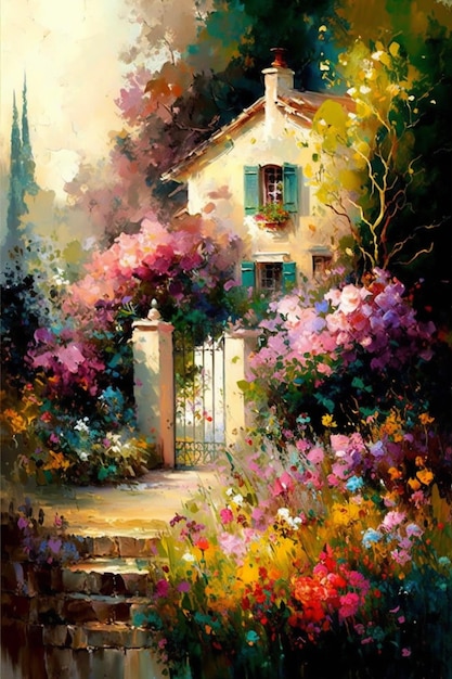 Una pintura de una casa con flores y una puerta.