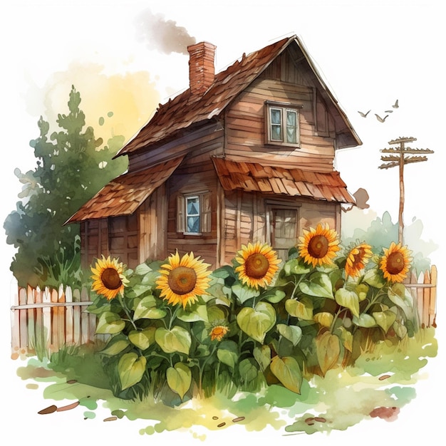 Una pintura de una casa con girasoles en ella