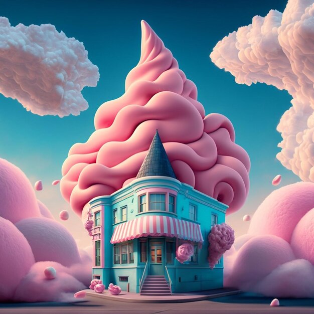 Una pintura de una casa con un gran cono de helado en el techo.