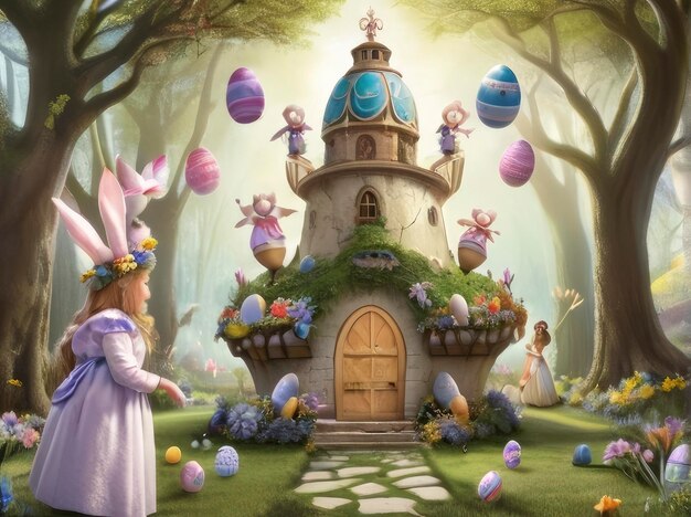 una pintura de una casa de hadas con huevos de Pascua en el fondo