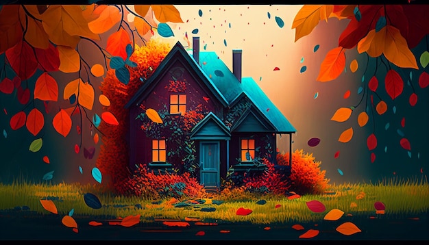 Una pintura de una casa con hojas de otoño en la parte inferior.