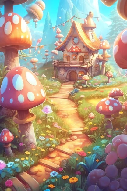 Una pintura de una casa de hongos en un bosque con un camino que conduce a ella.