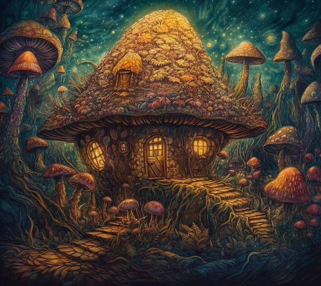 Una pintura de una casa de hongos en el bosque.