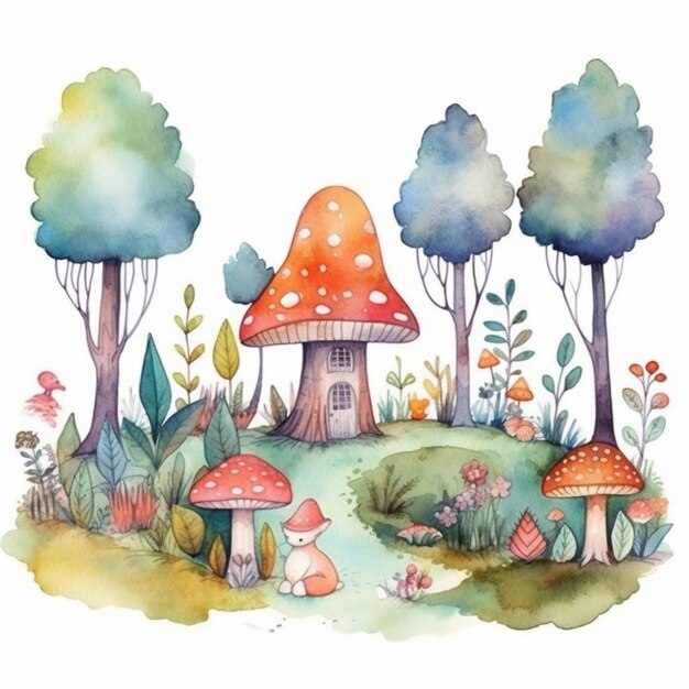 una pintura de una casa de hongos en medio de un bosque ai generativo