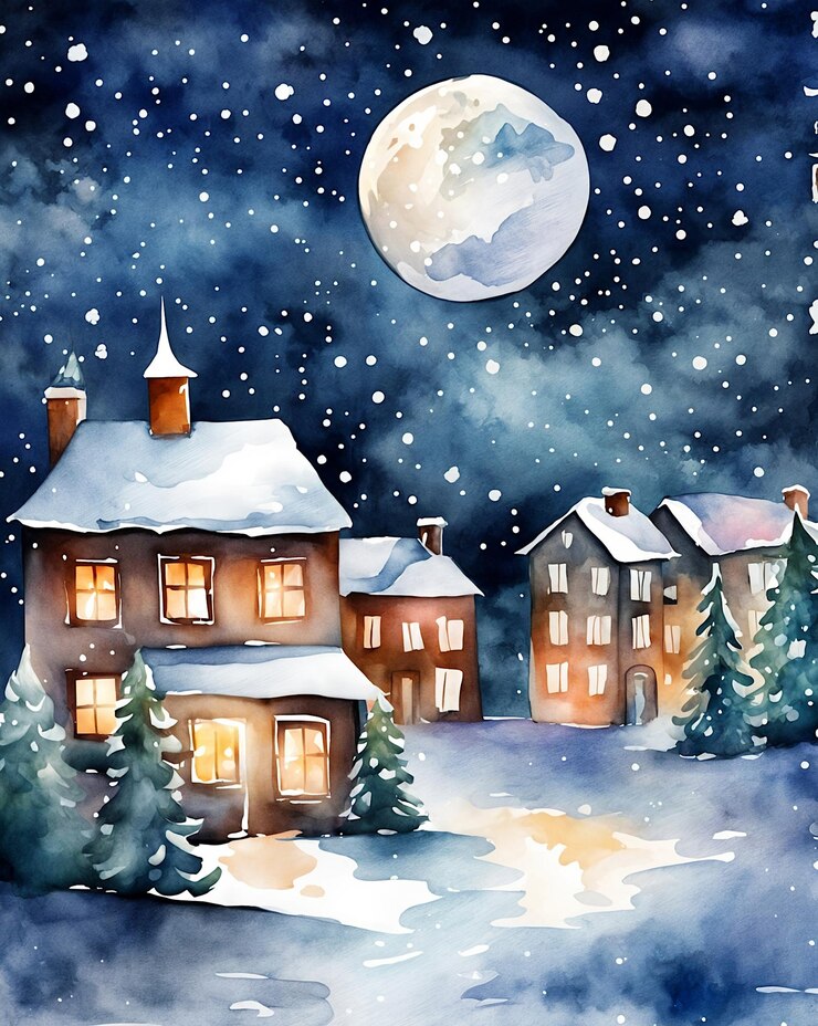 una pintura de una casa en invierno con una luna llena en el fondo