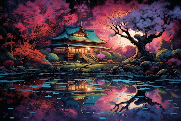 pintura de una casa japonesa en un bosque con un estanque ai generativo