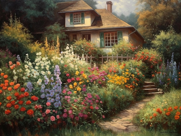 Una pintura de una casa con un jardín de flores y una casa con un jardín de flores.