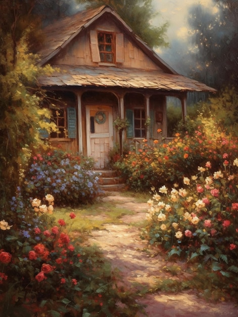 Una pintura de una casa con un jardín de flores en primer plano.