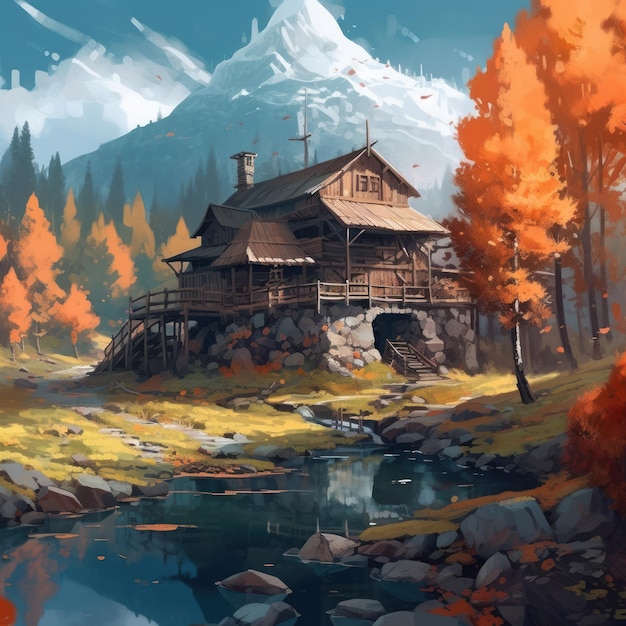 Una pintura de una casa junto al lago con montañas al fondo.