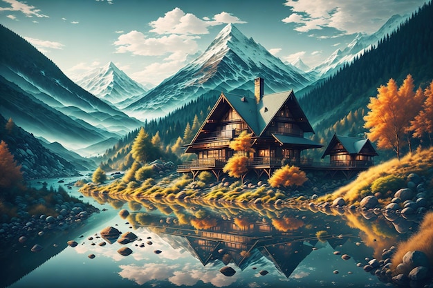 Una pintura de una casa junto al lago.