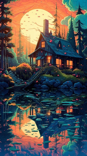 Una pintura de una casa junto al lago.