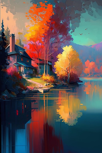 Una pintura de una casa junto al lago.