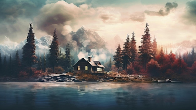 Una pintura de una casa junto a un lago con una montaña al fondo.