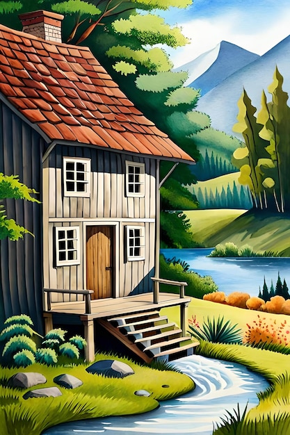 Una pintura de una casa con un lago al fondo.