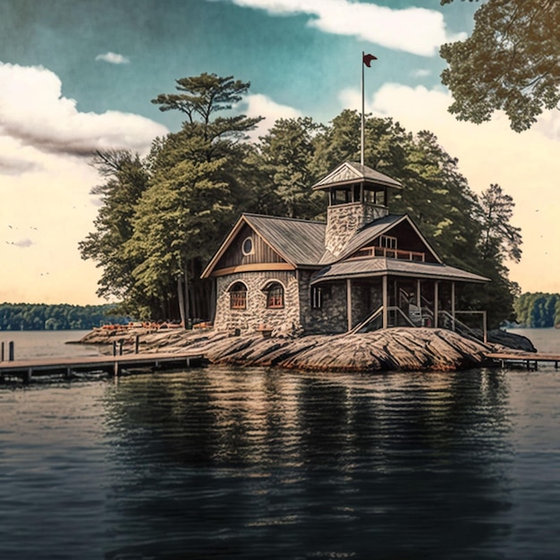 Una pintura de una casa en un lago con una bandera en la parte superior.