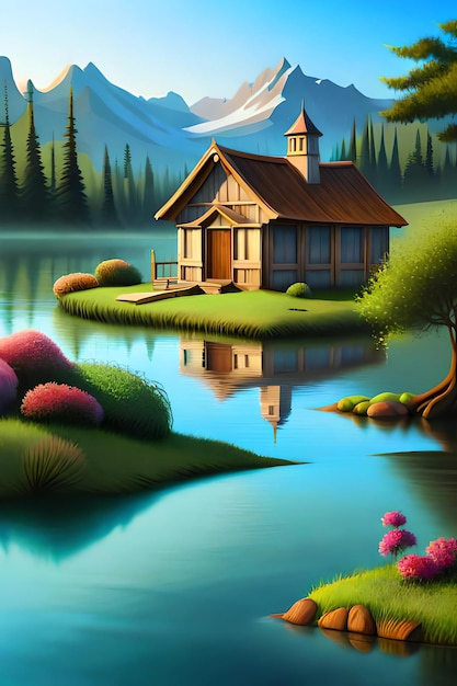 Una pintura de una casa en un lago con una montaña al fondo.