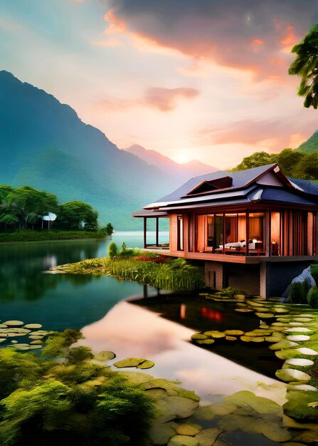 Foto una pintura de una casa con un lago y montañas en el fondo