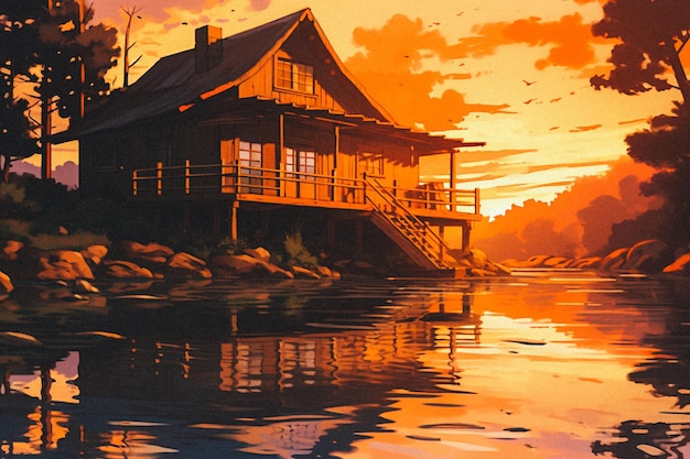 Una pintura de una casa en un lago con la puesta de sol detrás de ella.