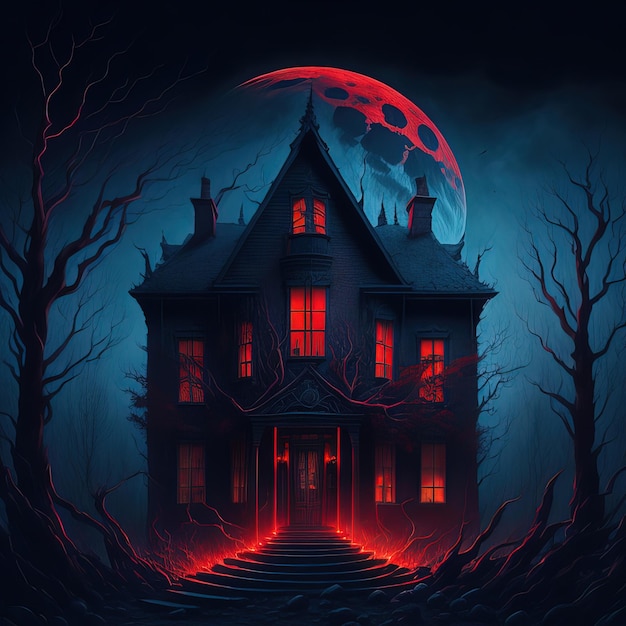 Una pintura de una casa con luces rojas en la parte inferior y la luna en el fondo.