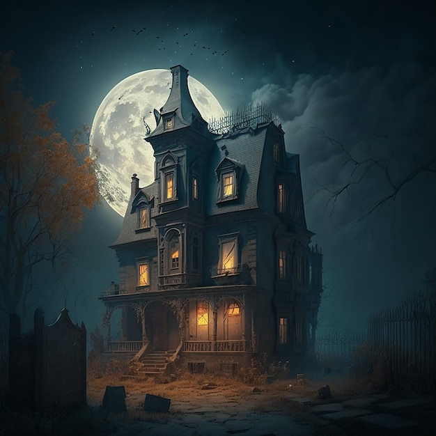 Una pintura de una casa con la luna al fondo.