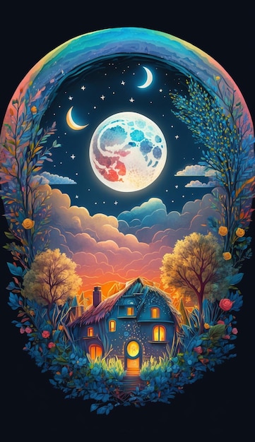 Una pintura de una casa con una luna en el cielo.