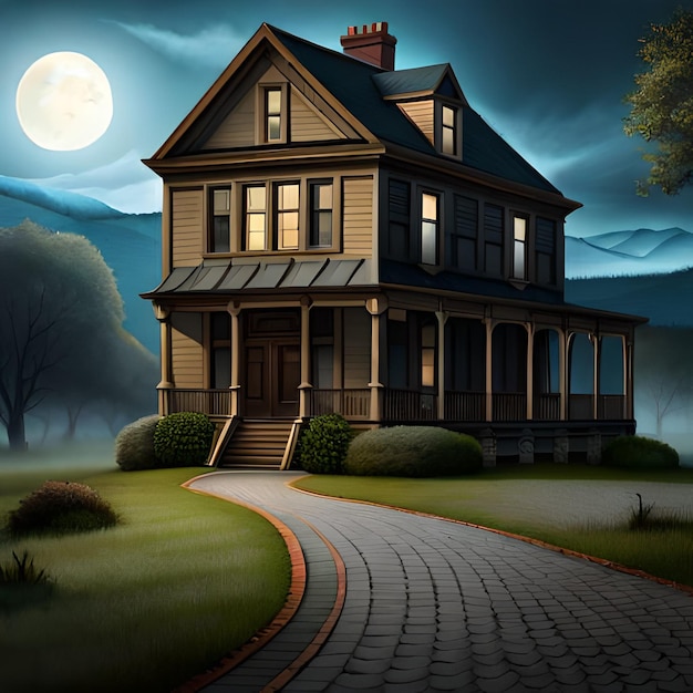 Una pintura de una casa con una luna detrás