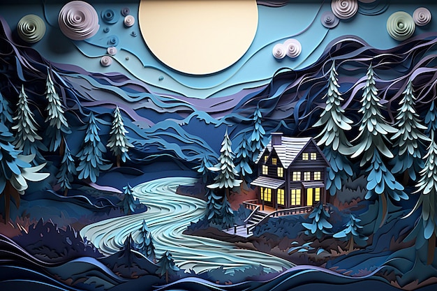 Una pintura de una casa con una luna llena en el fondo