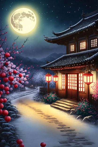 Pintura de una casa de noche con luna llena en el cielo generativa ai