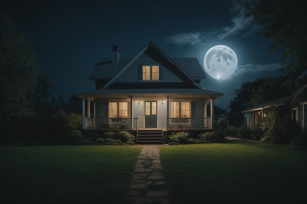 Pintura de una casa por la noche con una luna llena en el cielo