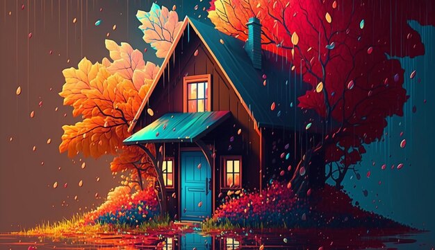 Una pintura de una casa en otoño con una puerta azul.