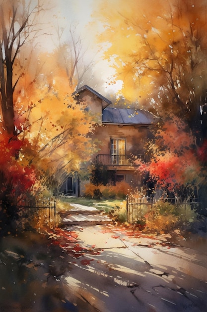 Una pintura de una casa en otoño.