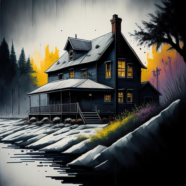 Una pintura de una casa con las palabras "la casa en el frente"
