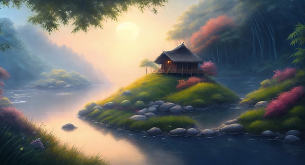 Una pintura de una casa en una pequeña isla con un río al fondo.