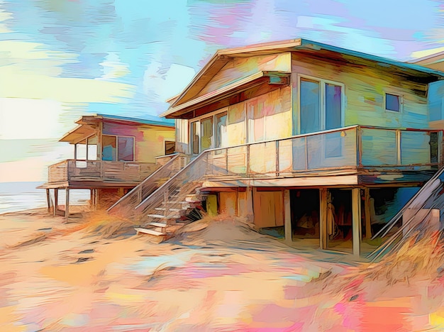 Una pintura de una casa de playa con una plataforma de madera y una casa a la derecha.