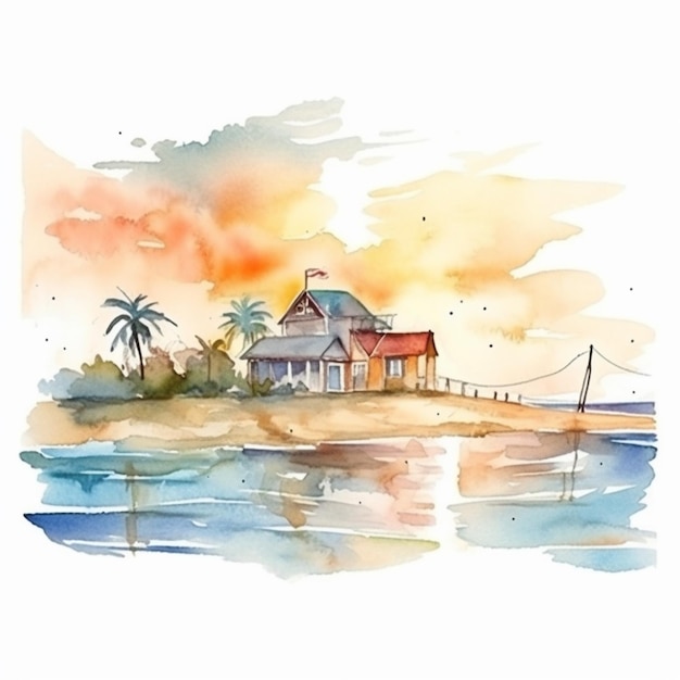 Pintura de una casa en una playa con una puesta de sol en el fondo